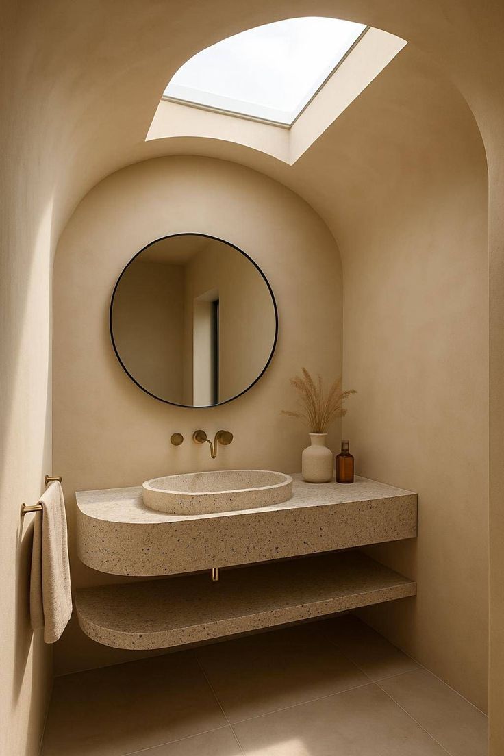 {"prompt":""A trendy modern bathroom with curved architecture, terrazzo sink and countertop, soft beige walls, a large skylight, floating curved vanity, natural indoor lighting, and minimal warm decor - stylish and futuristic, photorealistic, high resolution"","originalPrompt":""A trendy modern bathroom with curved architecture, terrazzo sink and countertop, soft beige walls, a large skylight, floating curved vanity, natural indoor lighting, and minimal warm decor - stylish and futuristic, photorealistic, high resolution"","width":720,"height":1280,"seed":2068725630,"model":"gptimage","enhance":false,"nologo":true,"negative_prompt":"worst quality, blurry","nofeed":false,"safe":false,"quality":"medium","image":[],"isMature":false,"isChild":false}