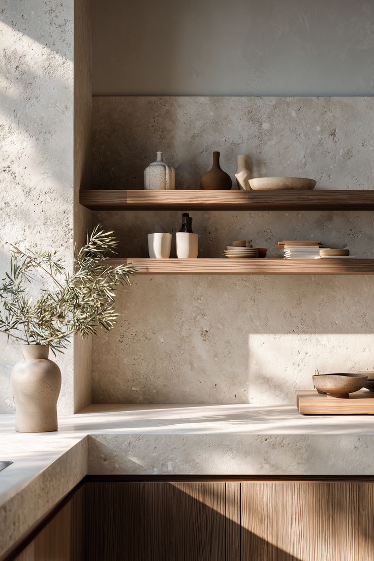 Japandi Kitchen Decor Ideas – Minimalist Open Shelves with Warm Natural Textures